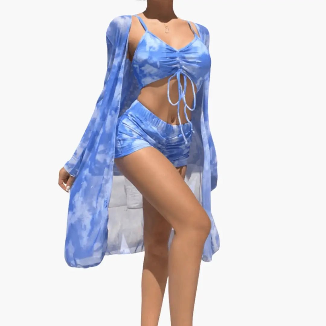 Women’s 3-Piece Bikini Set by Wilfred Smith: blue tie-dye V-neck top with bottoms and sheer cover-up