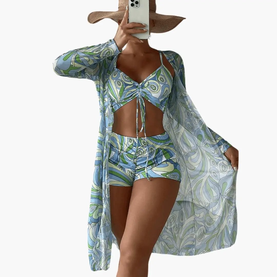 Women’s 3-piece bikini set with V-neck tie-front top, blue-green tie-dye, and sheer cover-up