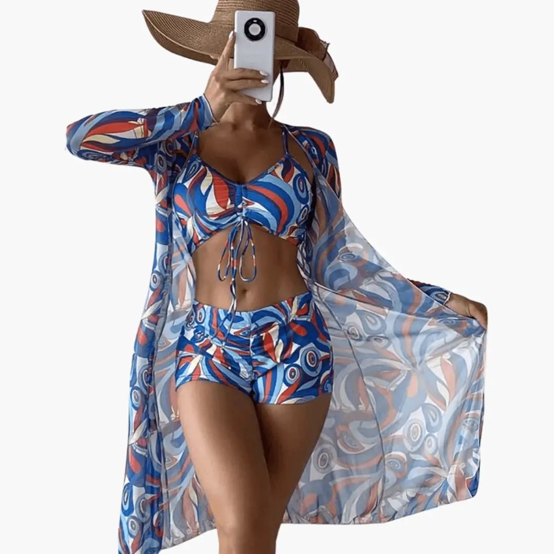 Womens 3-Piece Bikini Set with V-neck top and sheer blue and red tie-dye cover-up