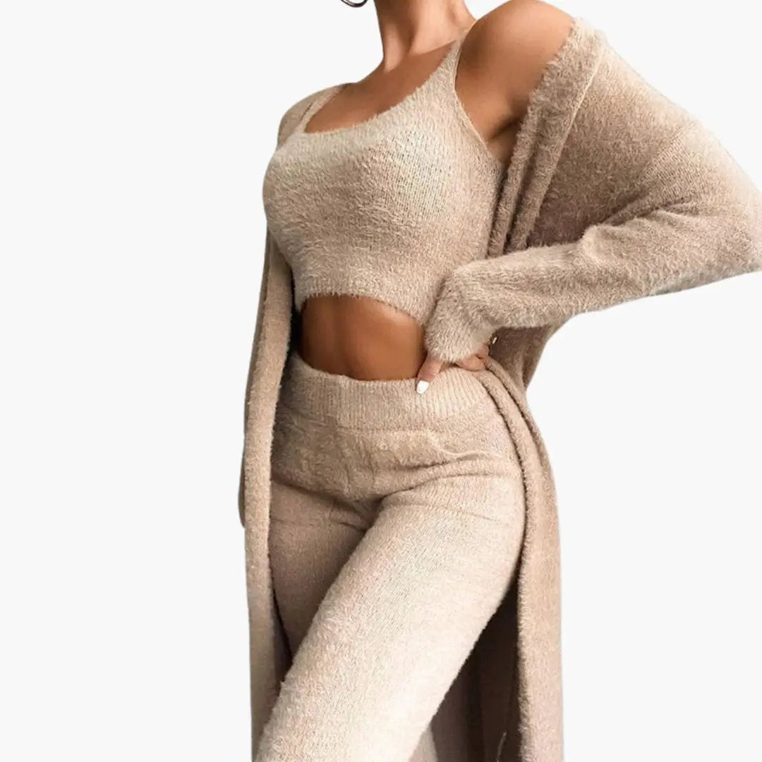 Women's three piece outfit set with cardigan, crop top and pants in beige knit by Wilfred Smith