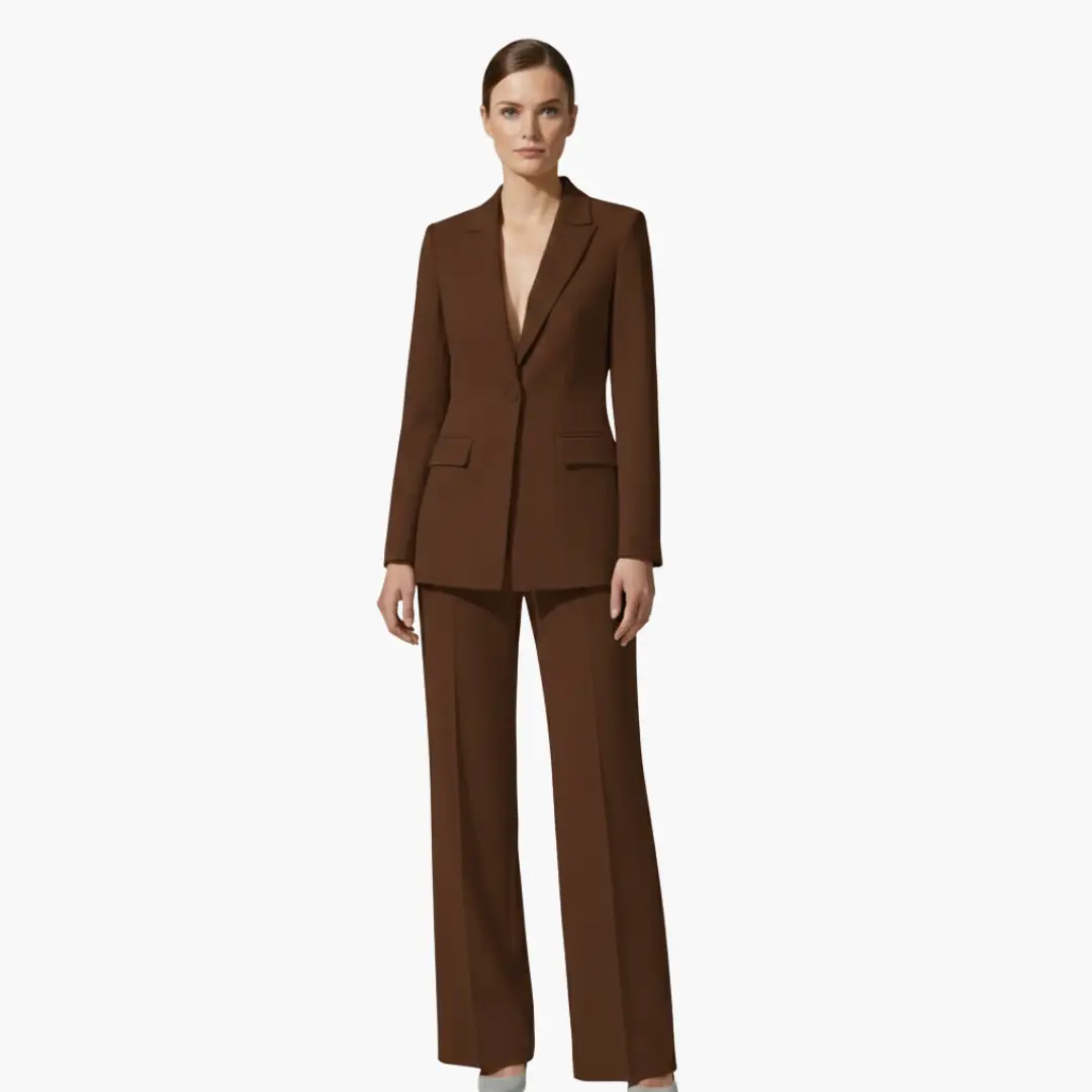 Women's two-piece wedding blazer and pants suit in brown by Wilfred Smith