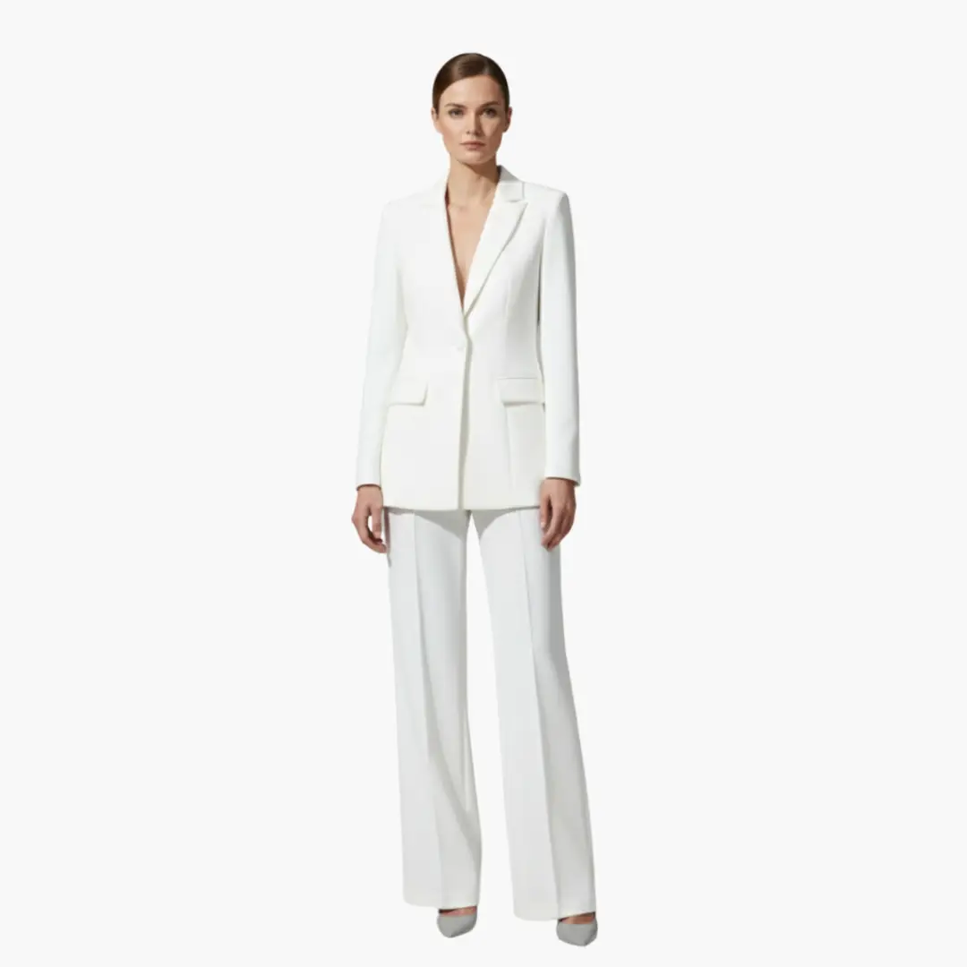 Women's white blazer and pants suit; tailored two-piece wedding ensemble