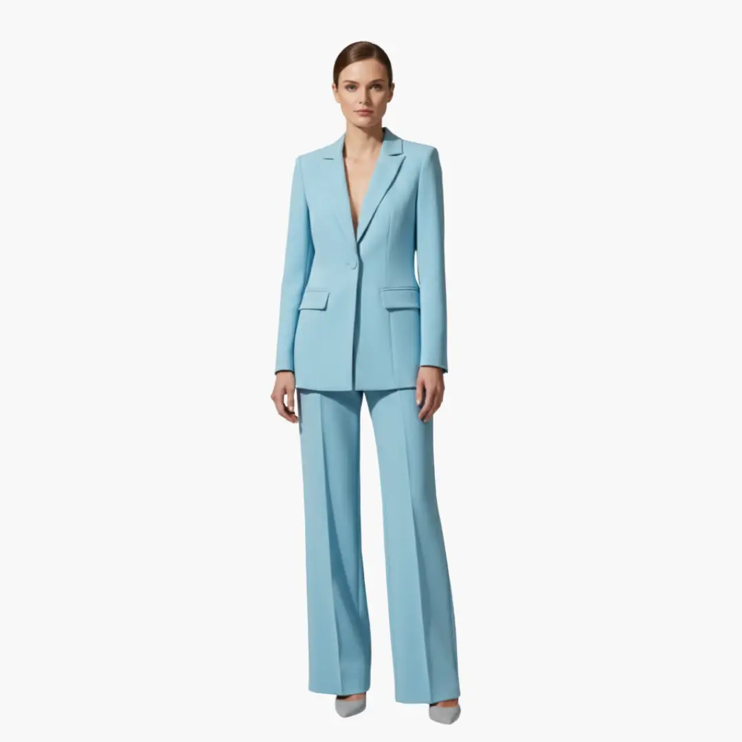 Wilfred Smith women's light blue two-piece pants suit with blazer and matching wide-leg pants