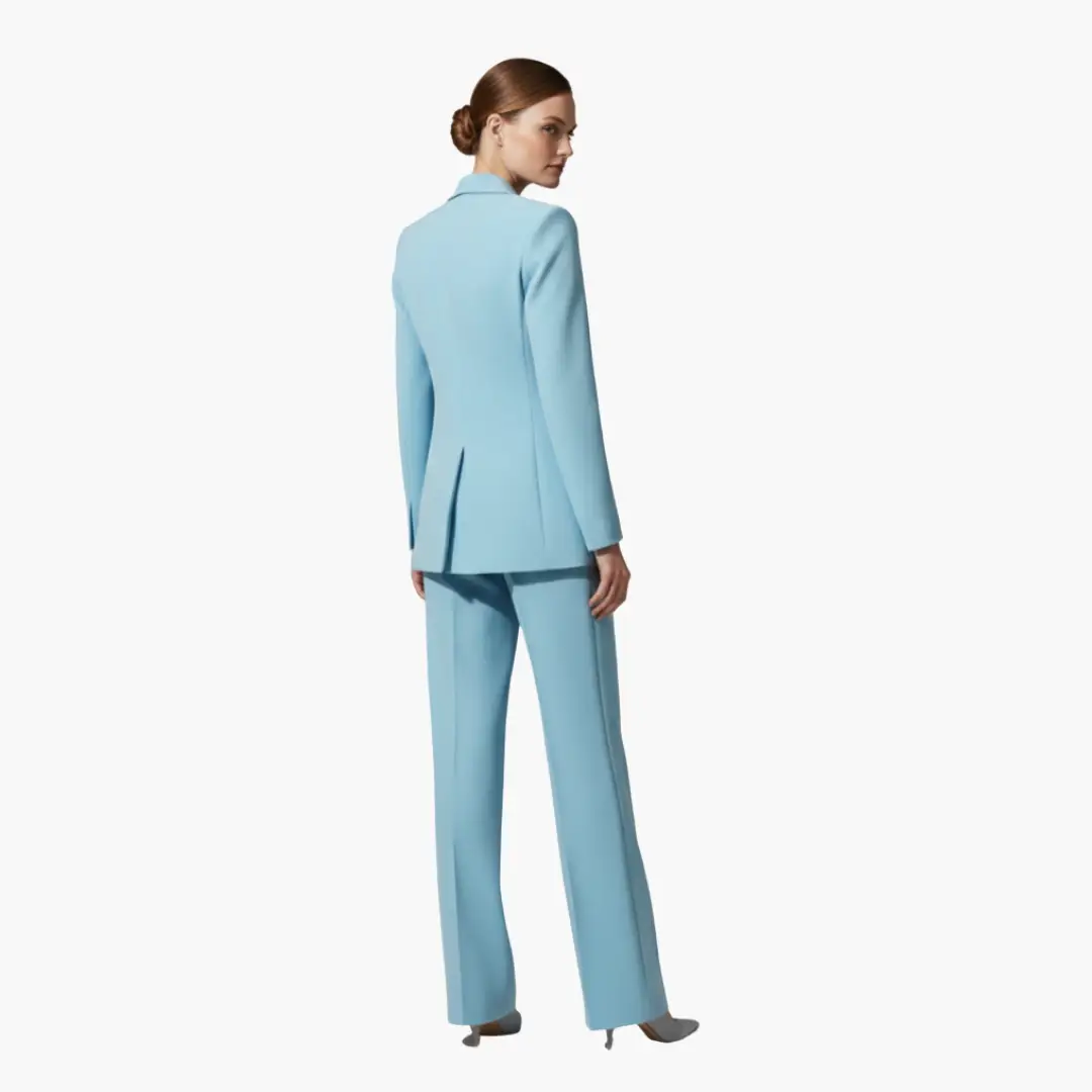 Wilfred Smith women's two-piece pantsuit in light blue with blazer and pants on model