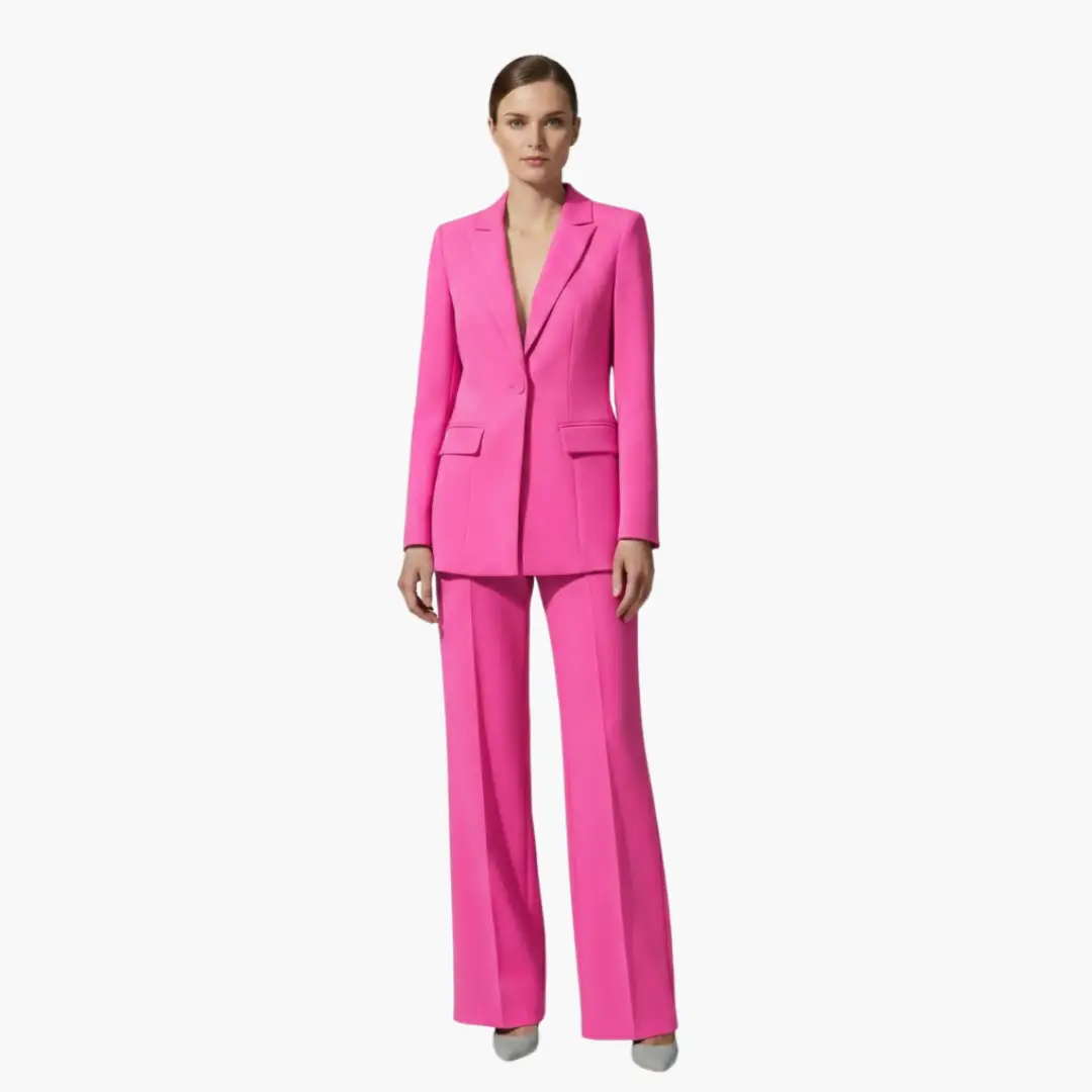 Women’s two-piece pink blazer and pantsuit; tailored pant suit in bold pink