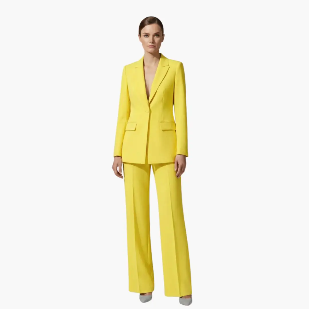Women's yellow blazer and wide-leg pants suit by Wilfred Smith, two-piece pant suit