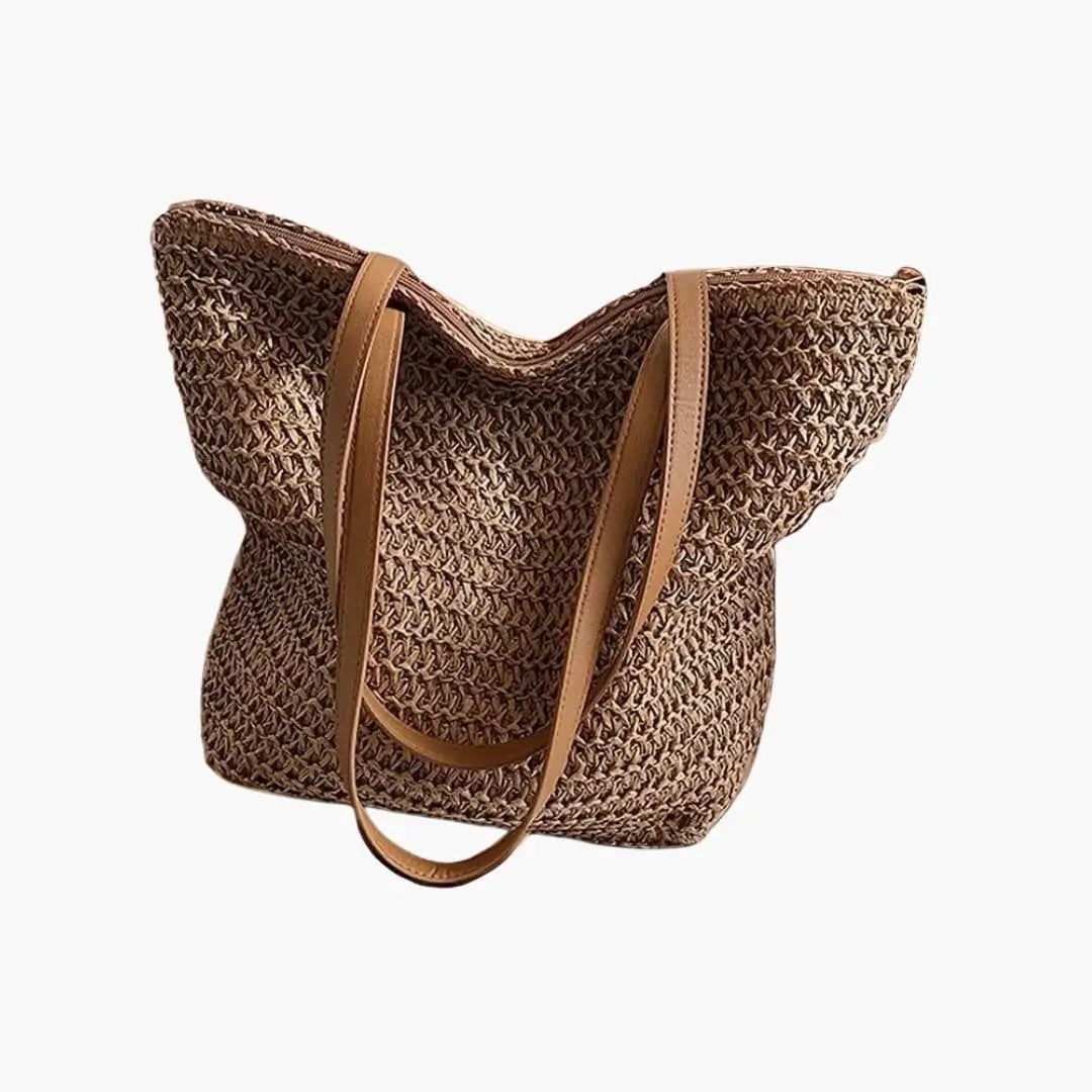 Women's Tote Bag by Wilfred Smith with woven design and open top, brown with tan leather straps.