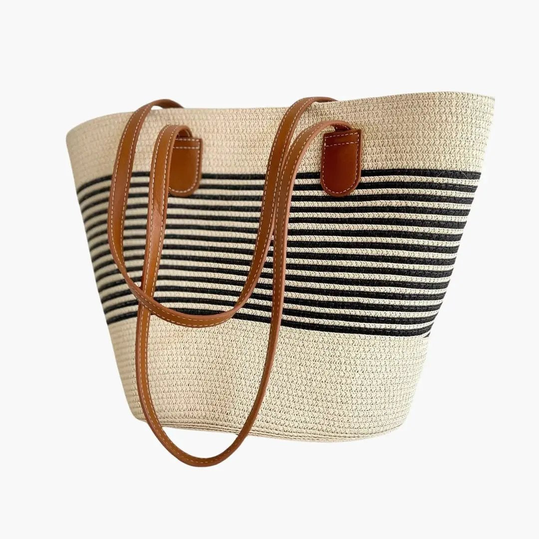 Women's Tote Bag by Wilfred Smith, straw weave with black stripes and brown leather shoulder straps, zip closure
