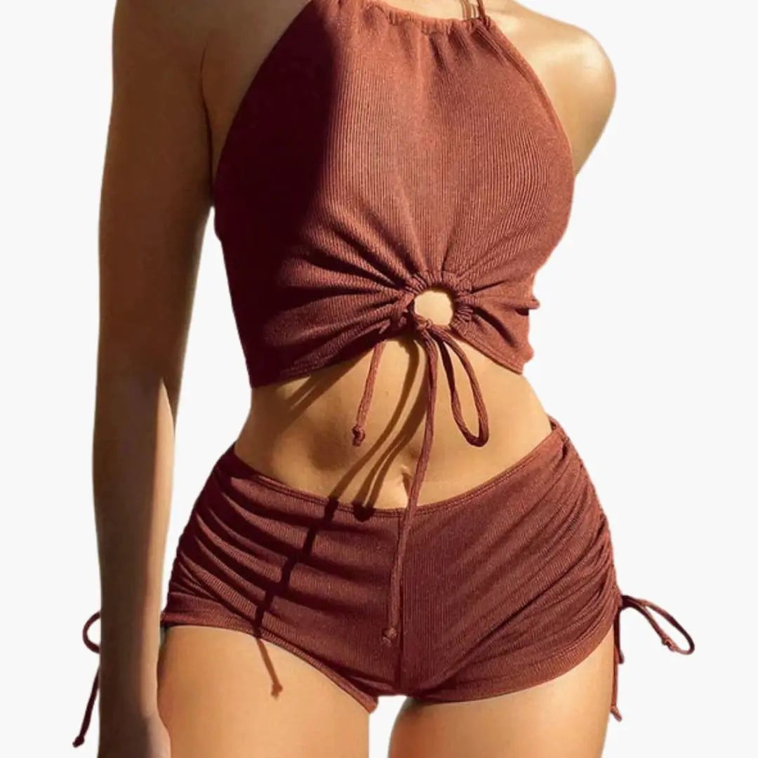 Wilfred Smith Women’s Triangle Bikini Set with tie-side bottom in rust brown, halter top.