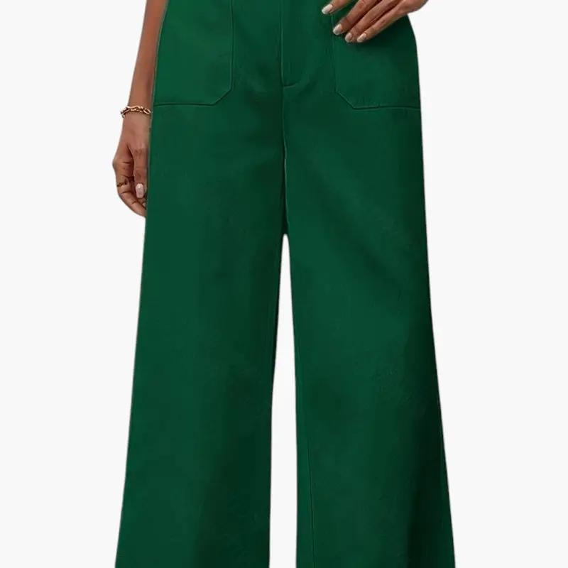 Women's green high-waisted trousers with side pockets