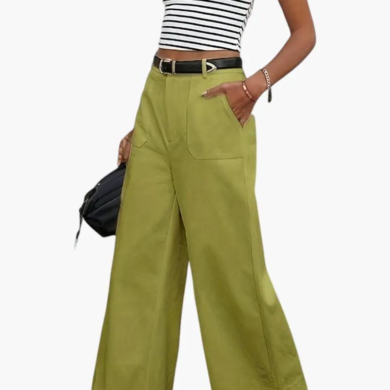Women's high-waist trousers with side pockets in olive green, wide-leg style