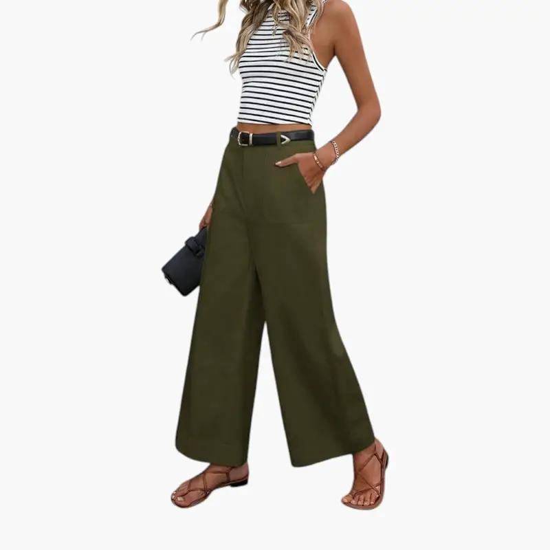 Wilfred Smith women's high-waist olive trousers with wide-leg cut and side pockets.
