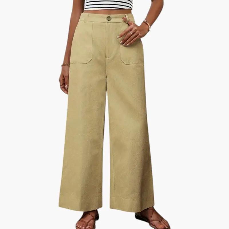 Women's high-waist trousers with side pockets, wide-leg tan beige fabric