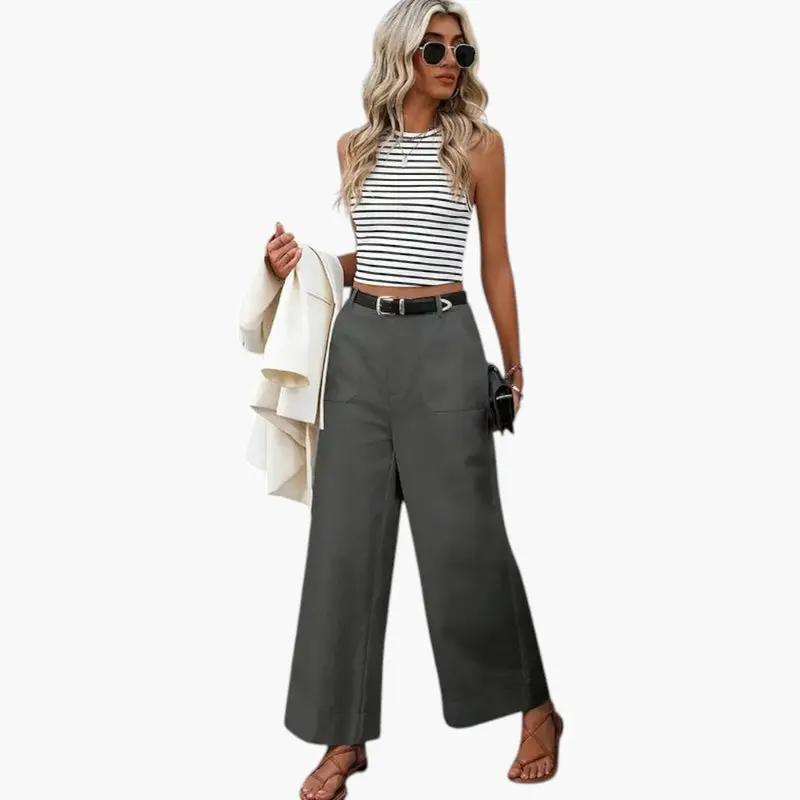 Women's trousers with high waist and side pockets in gray, wide-leg style