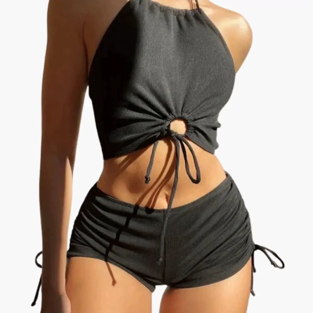 Women’s Two-Piece Bikini Set in black with halter top and ruched ring detail, mid-rise bottoms Wilfred Smith
