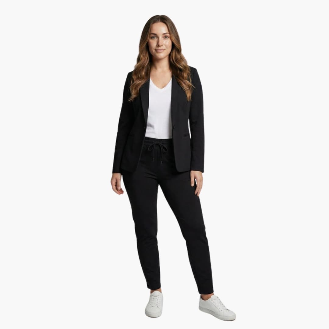 Women's two-piece blazer set in black by Wilfred Smith, notched-lapel blazer and ankle-length pants