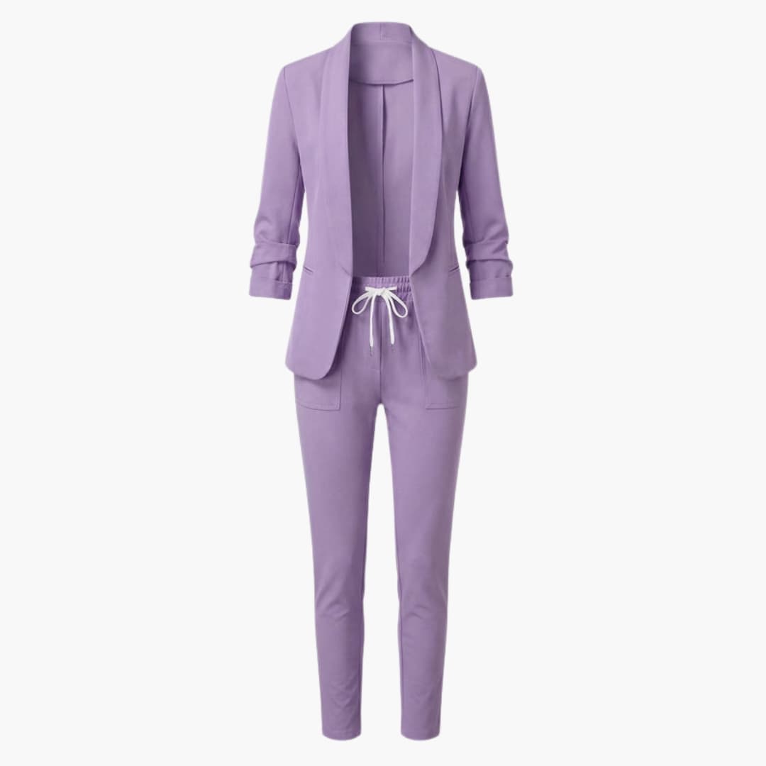 Women's lavender two-piece blazer set with notched-lapel jacket and ankle-length pants by Wilfred Smith