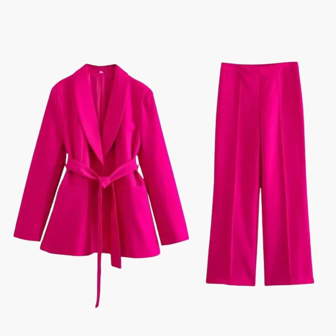 Wilfred Smith women's two-piece pant suit with a button-front belted magenta blazer and slim-leg pants.