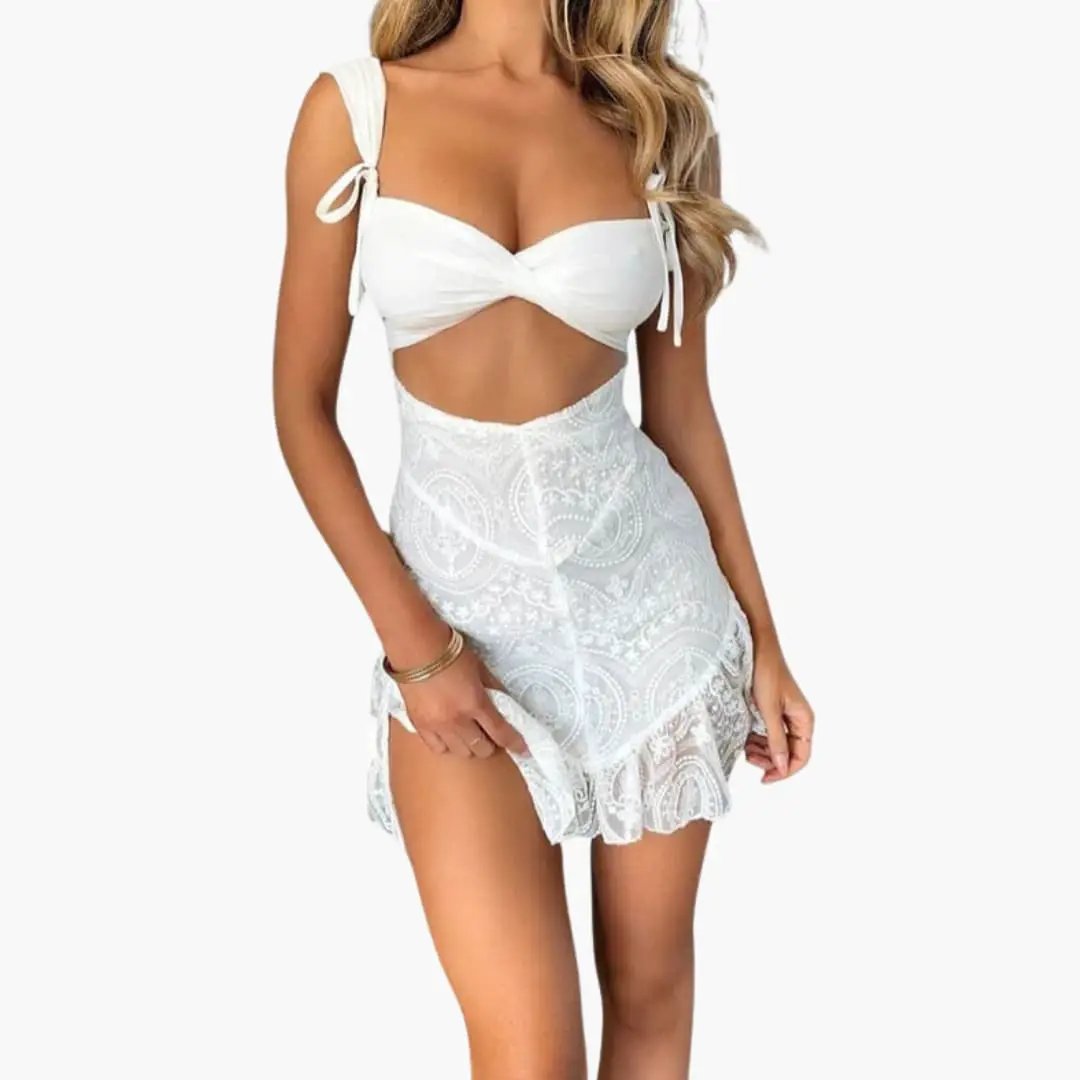 Women’s two-piece matching set: white twist-front crop top with tie straps and white lace mini skirt