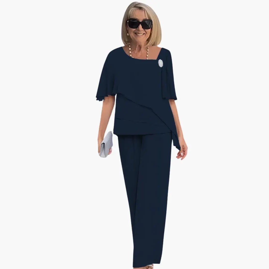 Women's Two-Piece Outfit Set by Wilfred Smith in navy with short-sleeve top and straight-leg pants