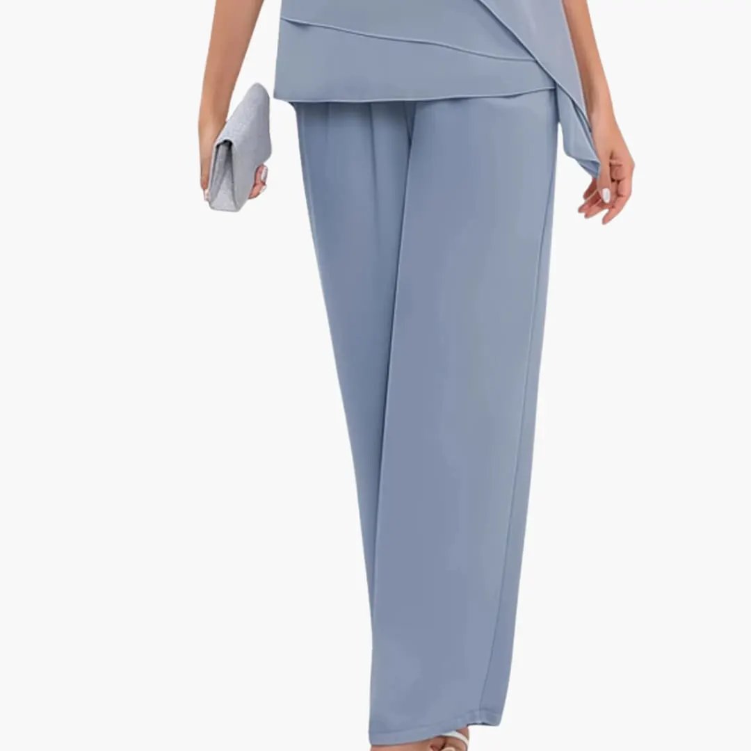 Women's two-piece outfit set by Wilfred Smith: light-blue short-sleeve top and straight-leg pants.