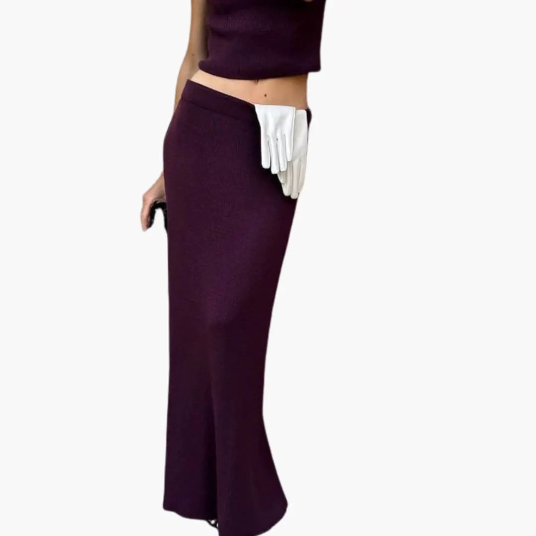 Wilfred Smith women's two-piece purple outfit set with high-collar top and midi skirt