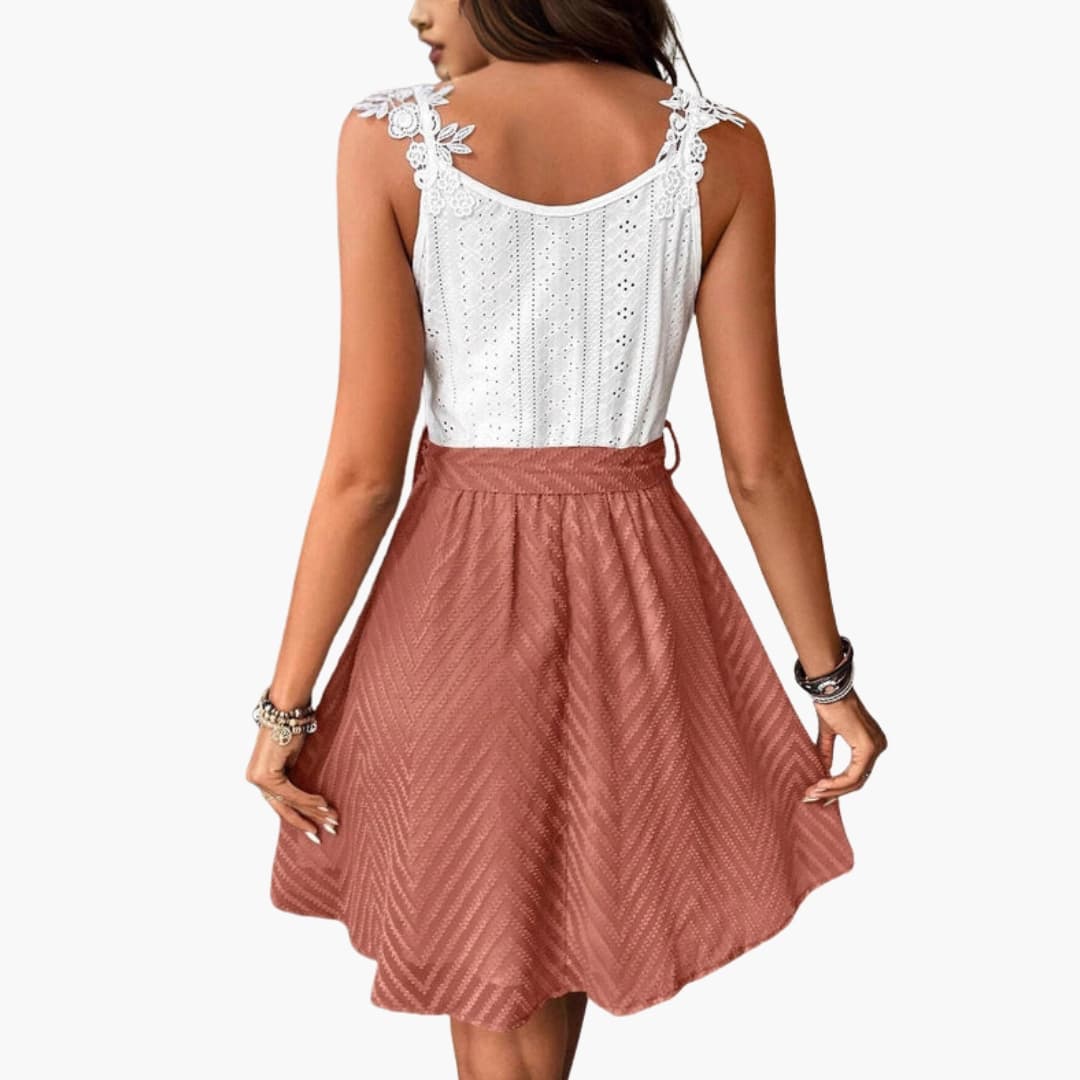 Women's two-piece outfit set: white lace top with floral shoulder straps and rust tie-waist A-line skirt