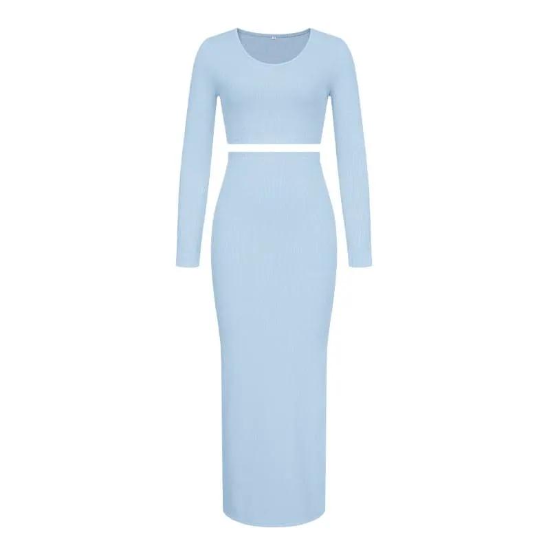 Women’s Two Piece Outfit with Crop Top and Maxi Skirt by Wilfred Smith in light blue knit