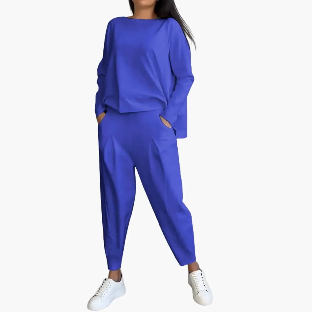Wilfred Smith women's two-piece outfit in cobalt blue with a round-neck top and matching trousers