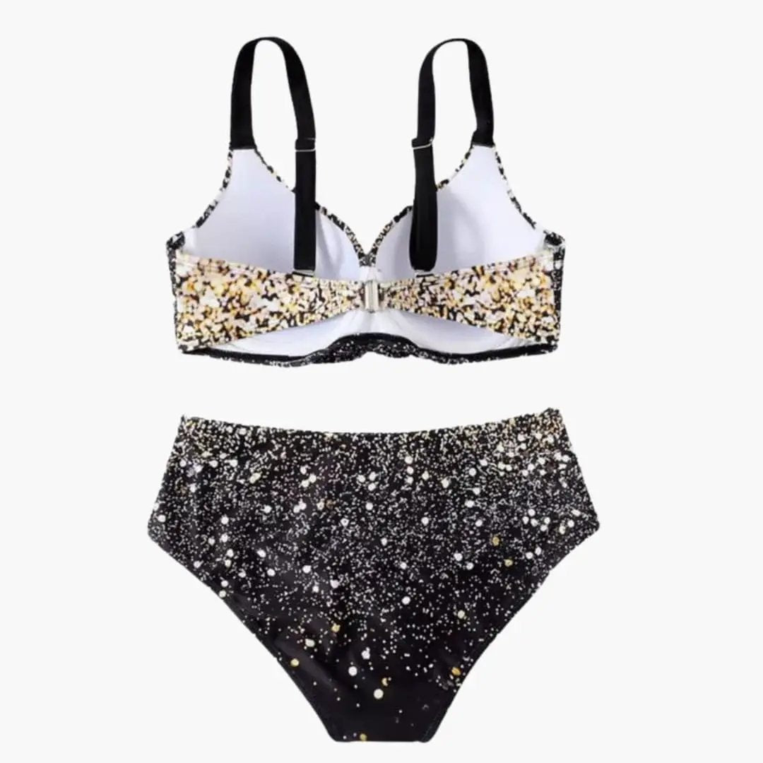 Women’s underwire high-waisted tropical bikini set; white tropical-print top with black straps, black speckled high-waisted bottom