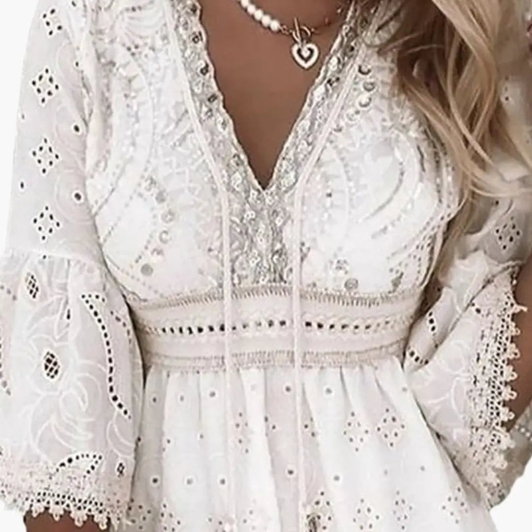 Womens V-Neck Dress with Straight Fit in white lace.