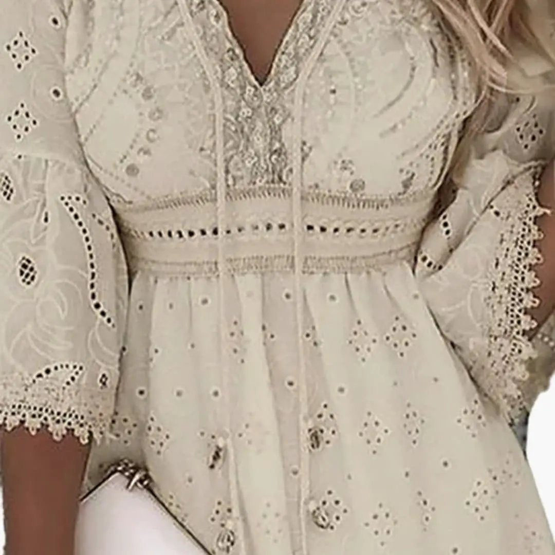 Women's V-Neck Dress with Straight Fit in ivory lace with eyelet sleeves, knee-length