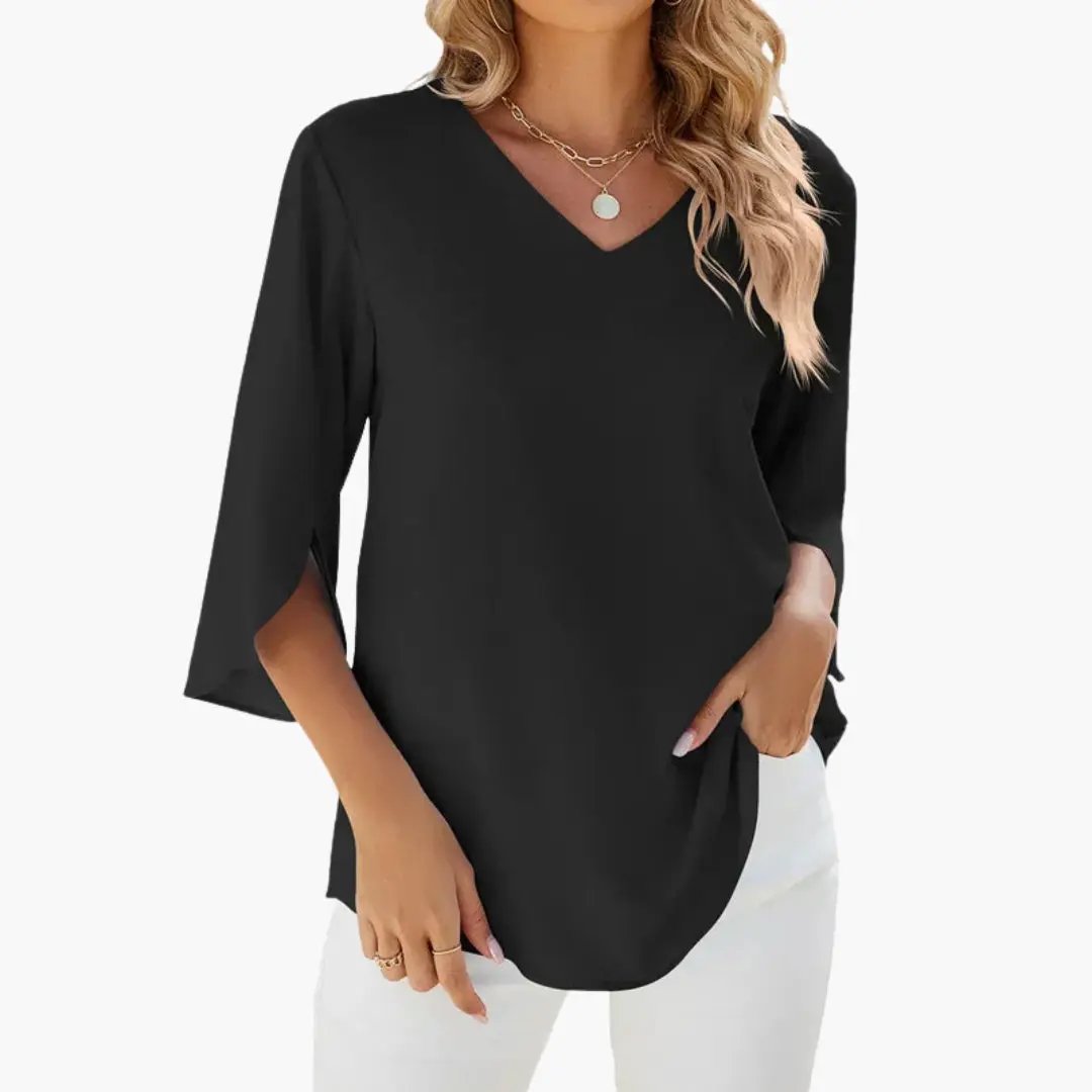 Women's V-Neck Long Sleeve Blouse, black, relaxed fit