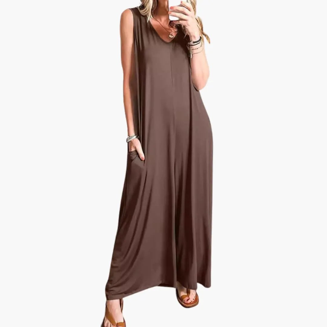 Women’s V-Neck One-Piece Jumpsuit with Pockets by Wilfred Smith, brown satin, sleeveless, full-length wide-leg