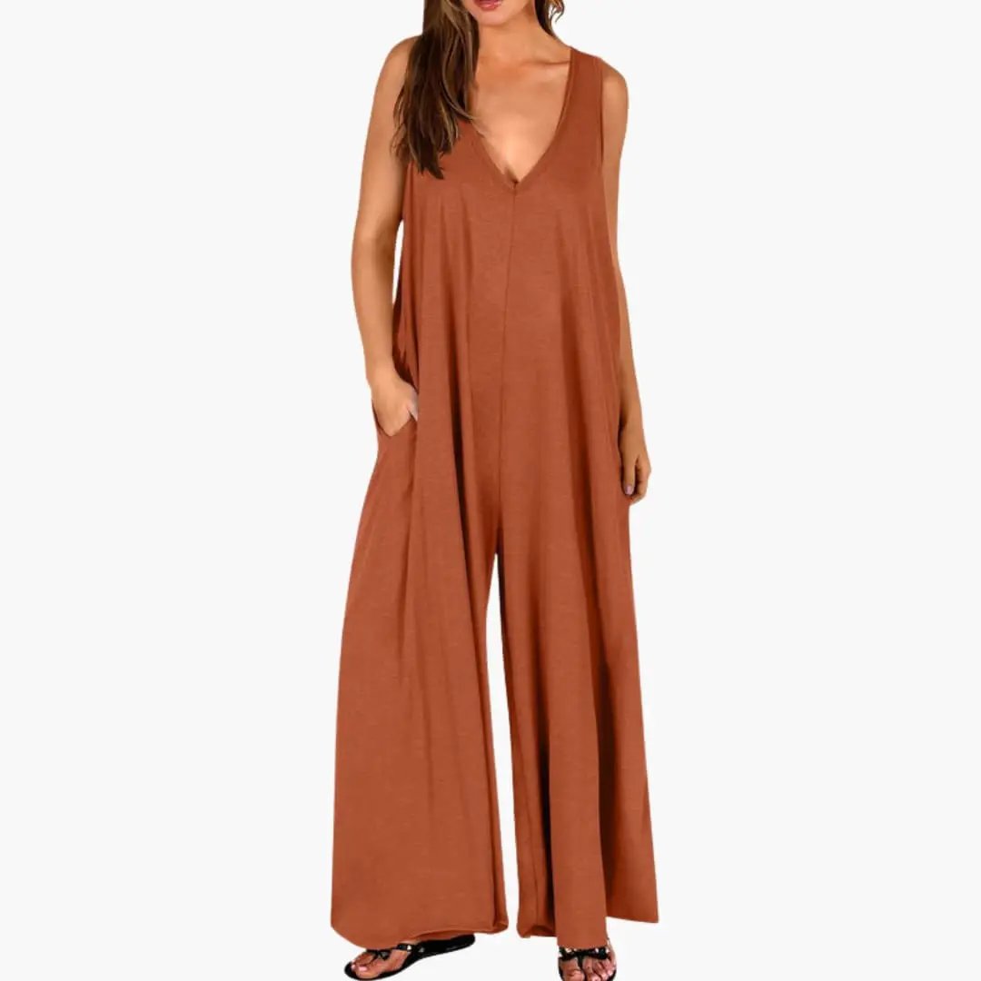 Women’s V-Neck One-Piece Jumpsuit with Pockets in burnt orange by Wilfred Smith, wide-leg style