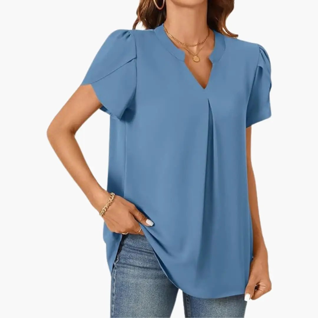 Women's blue V-neck puff-sleeve woven blouse, loose-fit pullover top