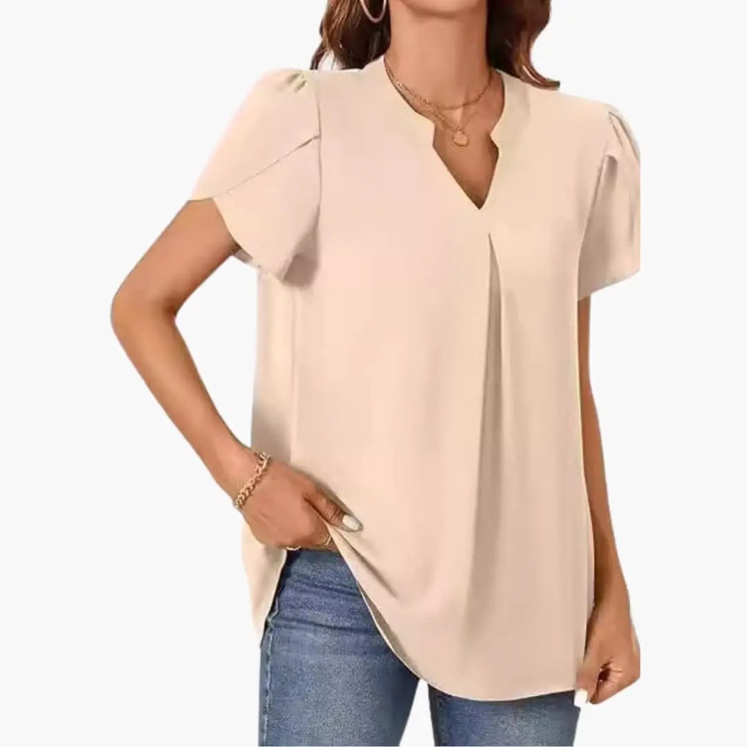 Women’s V-Neck Puff Sleeve Blouse, cream woven, loose-fit pullover top by Wilfred Smith