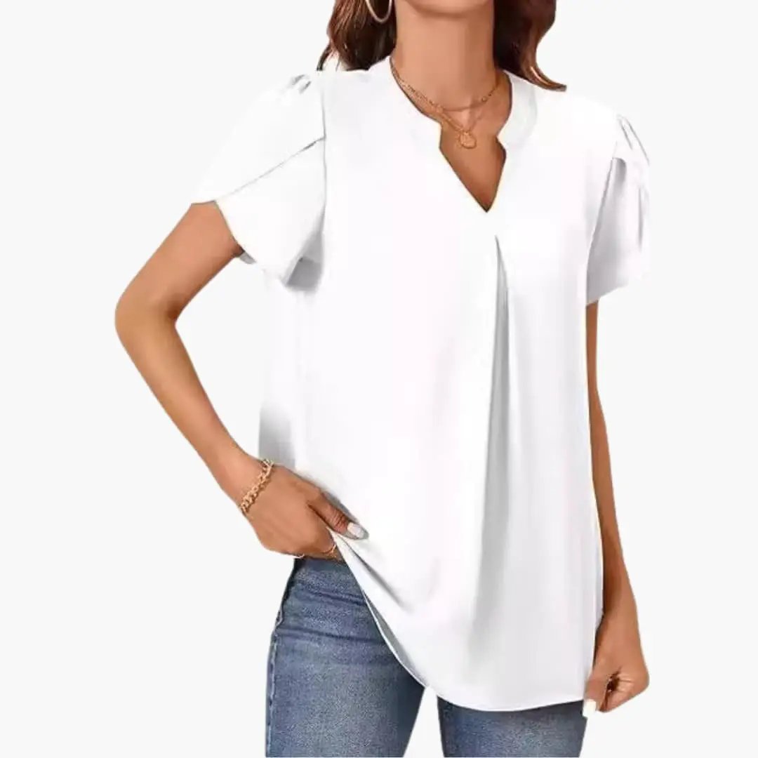 Women's V-Neck Puff Sleeve Blouse, white woven top with a loose fit