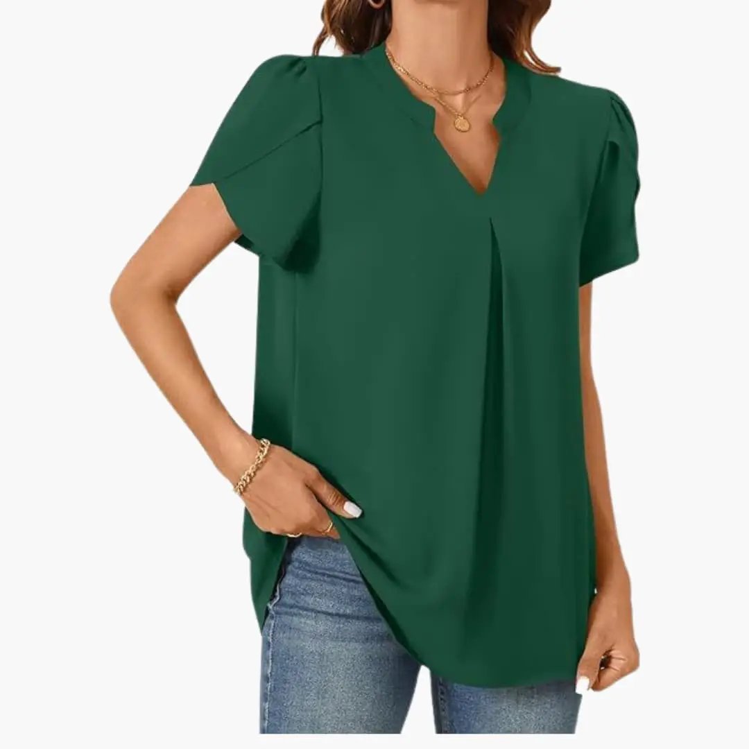 Women’s woven V-neck puff-sleeve blouse in emerald green by Wilfred Smith, loose-fit pullover top.