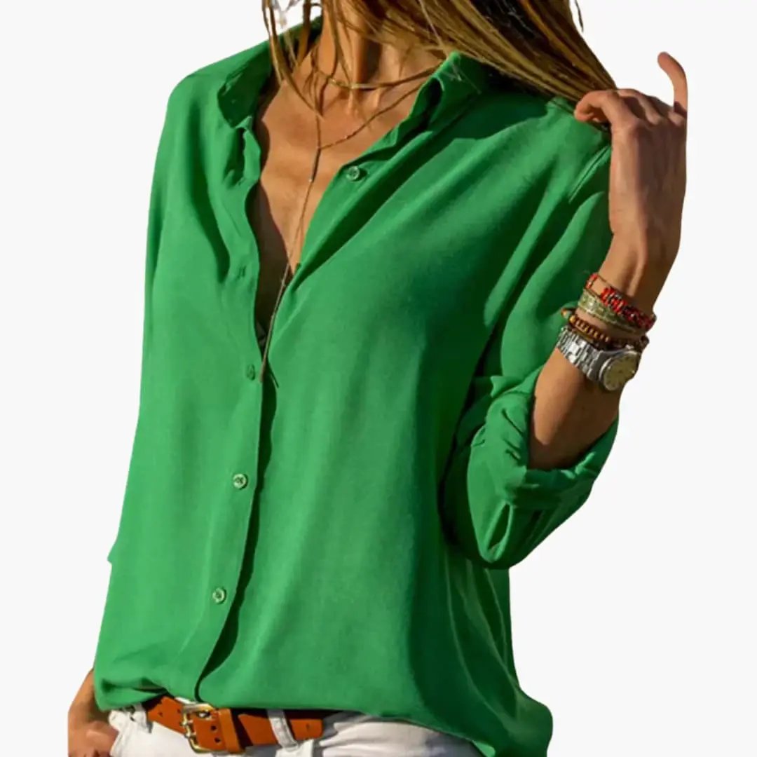 Women’s V-Neck Satin-Style Blouse, green long-sleeve woven top.