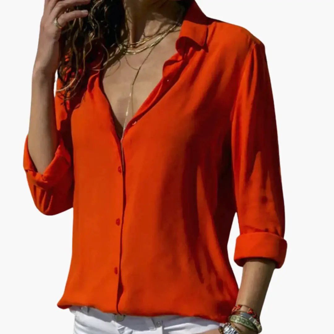 Women’s V-Neck Satin-Style Blouse, orange long-sleeve woven top with rolled cuffs