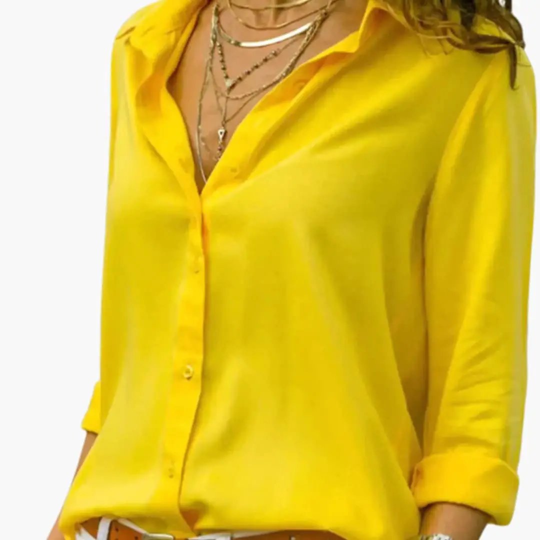 Women’s V-Neck satin-style blouse, yellow long-sleeve woven top