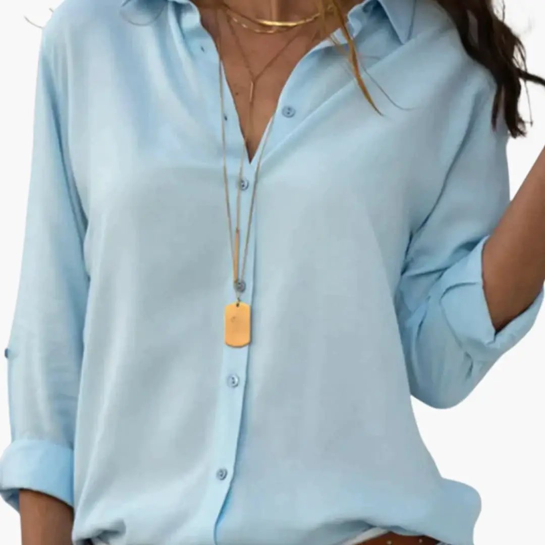 Women’s V-neck satin-style blouse, light-blue long-sleeve woven top