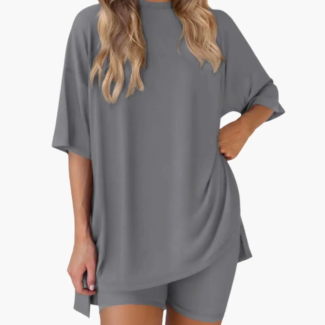 Women's V-Neck Top and Elastic Waist Shorts Two-Piece Set in gray
