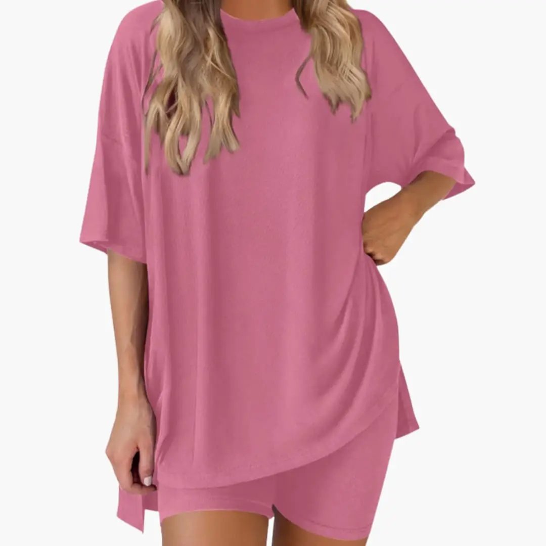 Women's V-Neck Top and Elastic Waist Shorts Two-Piece Set in pink with a loose-fit top and matching shorts