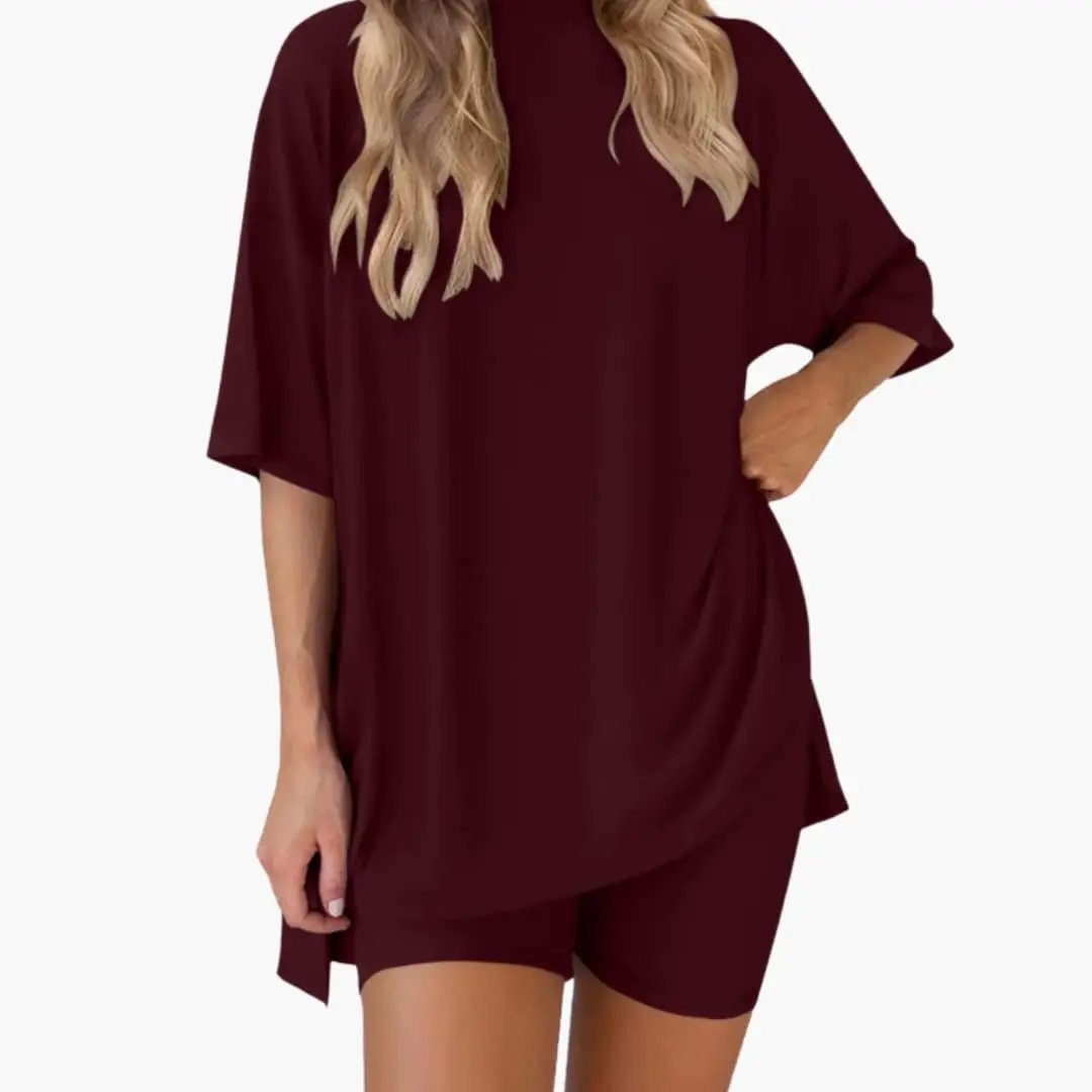 Women's V-Neck Top and Elastic Waist Shorts two-piece set in burgundy
