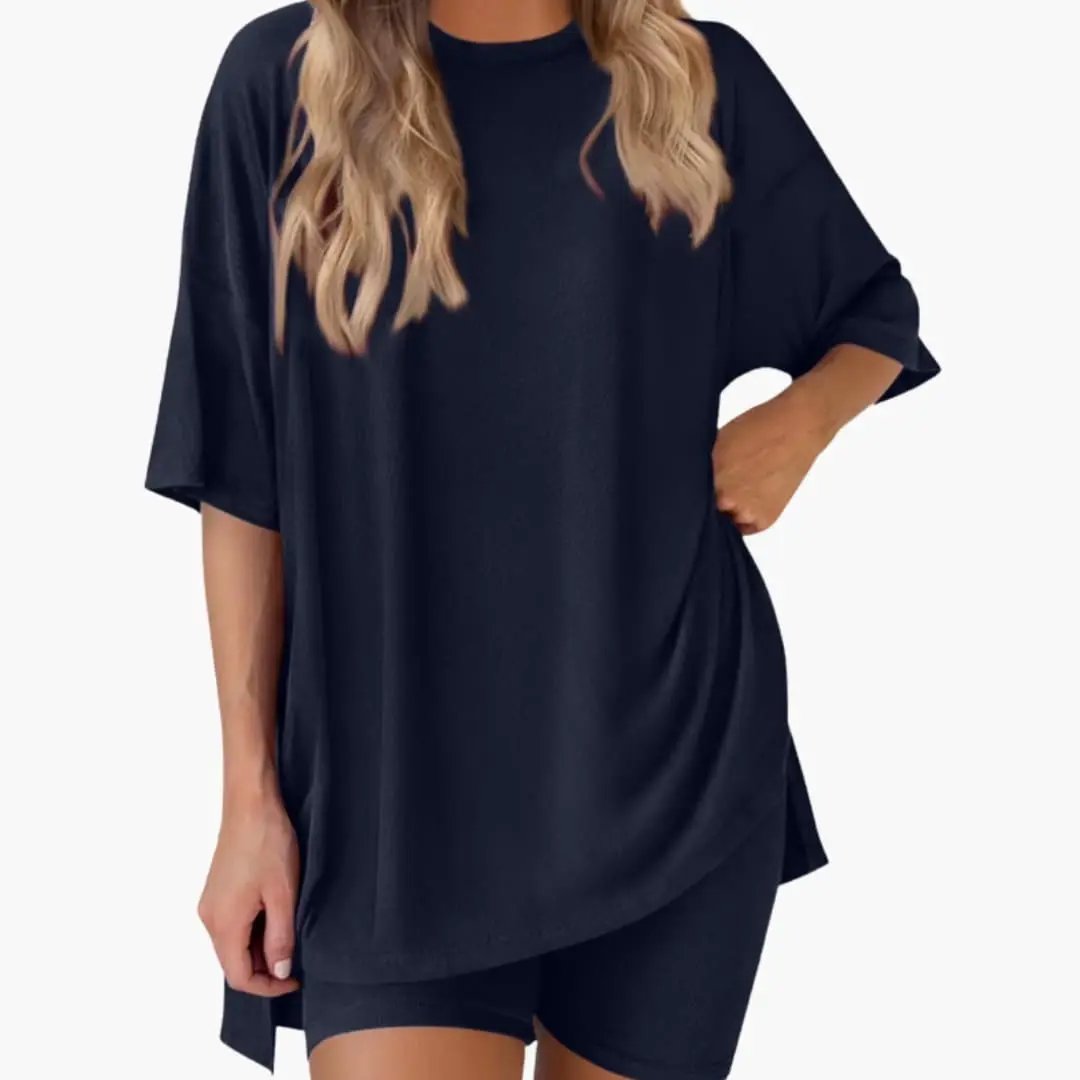 Two-Piece Set by Wilfred Smith: navy V-neck top with relaxed sleeves and elastic waist shorts