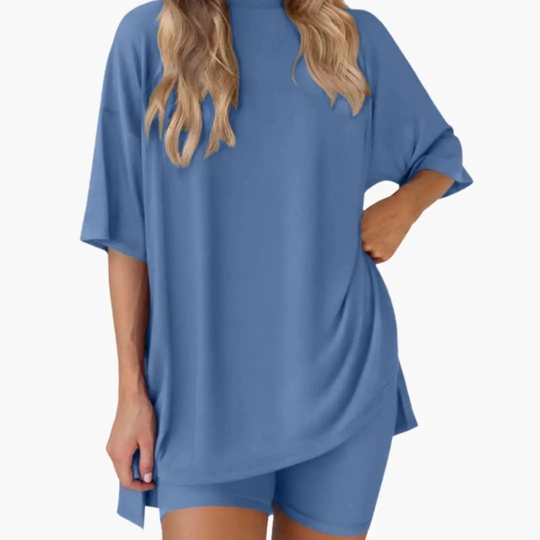 Women's V-Neck Top and Elastic Waist Shorts Two-Piece Set in blue, loose-fit top with matching shorts