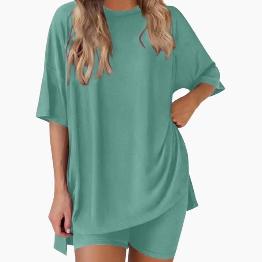 Women's V-Neck Top and Elastic Waist Shorts Two-Piece Set in teal