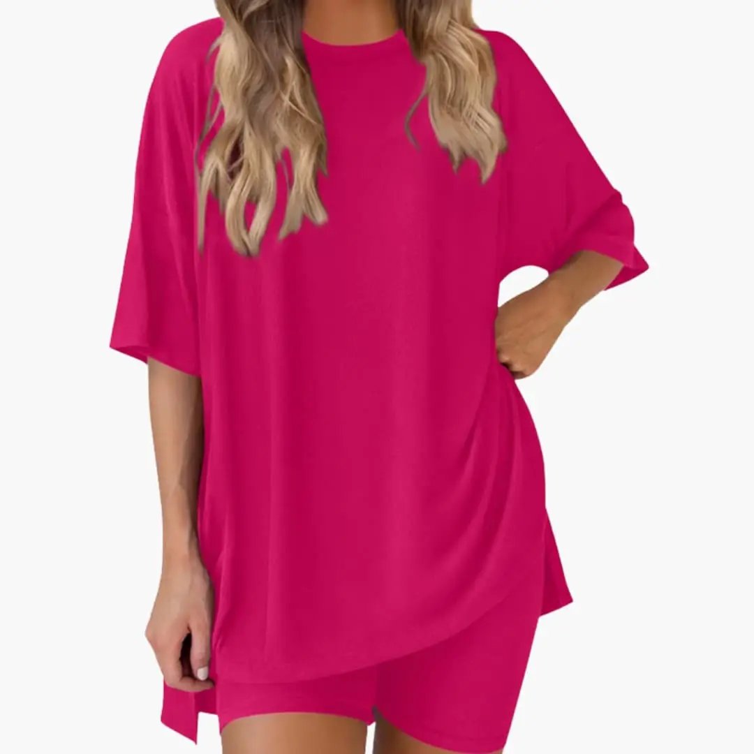 Women's V-Neck Top and Elastic Waist Shorts Two-Piece Set in hot pink by Wilfred Smith
